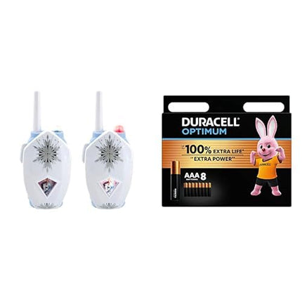 Disney Frozen 2 Walkie Talkie Set for Kids; 2 Toy Radios - eKids FR-212 + Duracell Optimum AAA Batteries, 8 Pack, Up to 100% Extra Power or Additional Performance