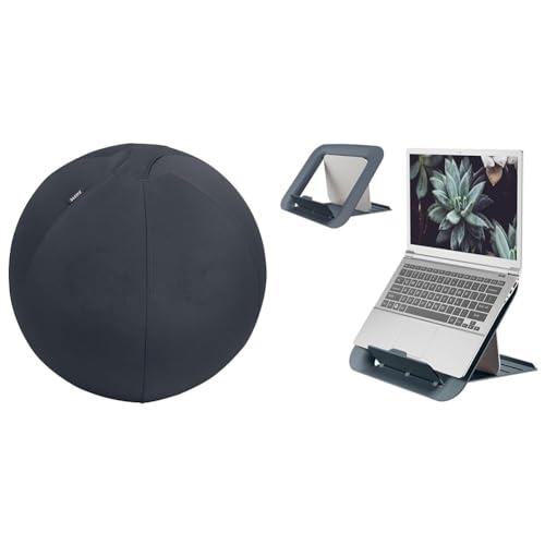 Leitz Ergo Set Active exercise ball, 55 cm, anti-roll function, fabric cover + Leitz height-adjustable laptop stand, notebook stand with 4 heights for 13"-15" notebooks, 65410089 + 64260089