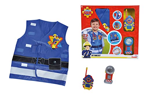 SIMBA - Feuerwehrmann Sam Feuerwehr-Set, Weste mit Druck, Taschenlampe 11 cm, Walkie Talkie 14 cm, ab 3 Jahren