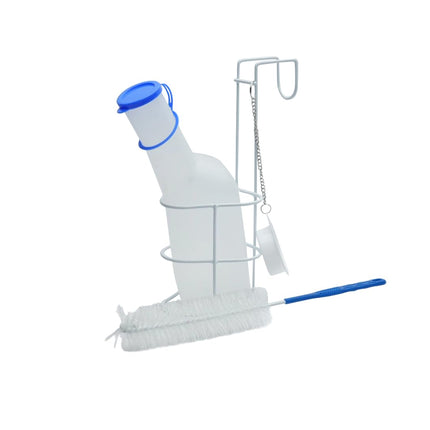 Urinal bottle, holder, and brush set for men | Set of 3 pieces | 1000 ml PP urine bottle with milky lid, with cleaning brush and bed holder/urinal bottle holder with lid including chain and holder