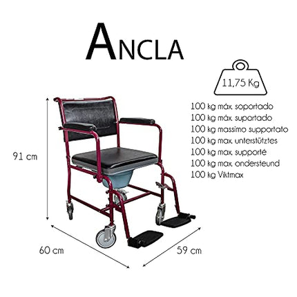 Mobiclinic, Commode chair with casters, Ancla, European brand, Toilet seat for the elderly and disabled, Toilet seat, Folding armrests, Removable footrests, Lid, Bordeaux