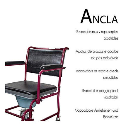 Mobiclinic, Commode chair with casters, Ancla, European brand, Toilet seat for the elderly and disabled, Toilet seat, Folding armrests, Removable footrests, Lid, Bordeaux