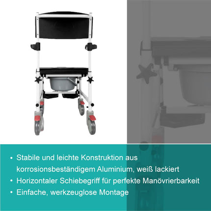 Akriva Mobile Aluminum Commode Chair - Mobile Commode Chair with Padded Seat and Bucket - Commode Wheelchair