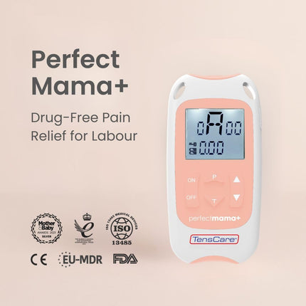 TensCare Perfect Mama+ TENS device provides pain relief during labor and relieves back pain during pregnancy. It provides information on contraction timing and the duration of labor.