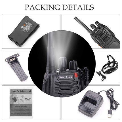 Nestling radio set, walkie talkie 16 channels in both directions, handheld radio with built-in LED flashlight with USB connection and headset (set of 2)