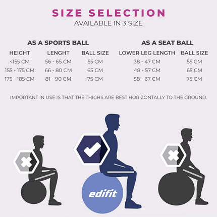 EDIFIT, Exercise Ball, 55, 65 and 75, Pezzi Ball, Including Inflator, Pilates Ball, Sitting Ball, Pilates, Yoga Ball, Gymnastics (65cm, Purple)
