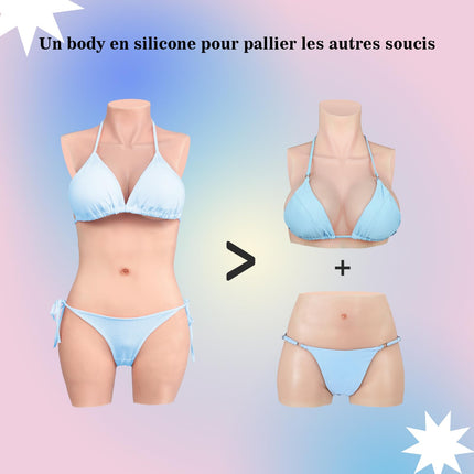 Minaky Silicone Breast Forms 3-Point Bodysuit Realistic Breast Plate with Catheter for Transgender Crossdresser-Insertable Version C Cup, Ivory