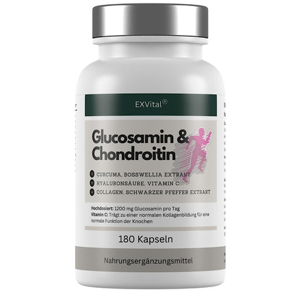 Glucosamine Chondroitin high dose - 1200 mg per day - with turmeric, frankincense, hyaluronic acid, vitamin C, collagen & piperine - 180 capsules, laboratory-tested