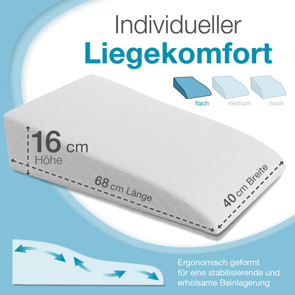 ELONEO vein pillow, leg elevation pillow made of memory foam, leg pillow for relief, positioning pillow with removable cover, 68 x 40 x 16 cm, white