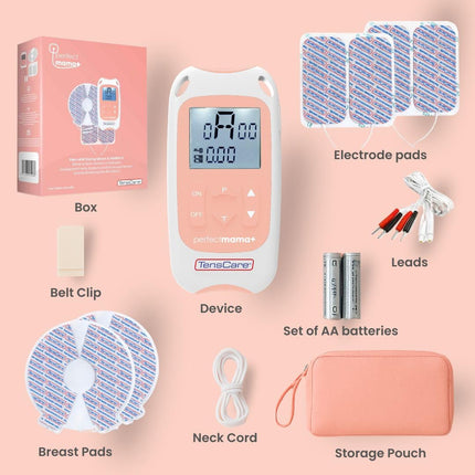 TensCare Perfect Mama+ TENS device provides pain relief during labor and relieves back pain during pregnancy. It provides information on contraction timing and the duration of labor.