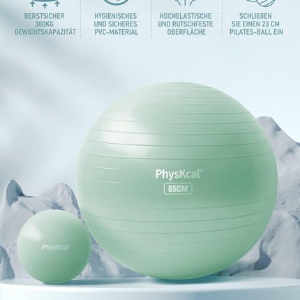 PhysKcal 65cm Light Turquoise Thick Exercise Ball and 23cm Pilates Ball Set, Anti-Burst Exercise Ball, Anti-Slip Seat Ball, Balance Ball, Yoga Ball for Home, Gym and Office