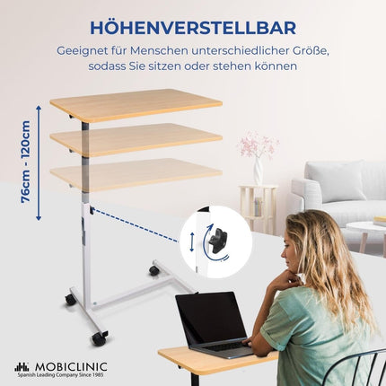 Mobiclinic, Bed or sofa side table for adults and disabled people, With wheels, Lightweight, Portable, Height-adjustable, Adjustable, Coffee table