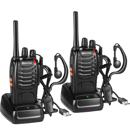 Nestling radio set, walkie talkie 16 channels in both directions, handheld radio with built-in LED flashlight with USB connection and headset (set of 2)