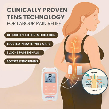 TensCare Perfect Mama+ TENS device provides pain relief during labor and relieves back pain during pregnancy. It provides information on contraction timing and the duration of labor.