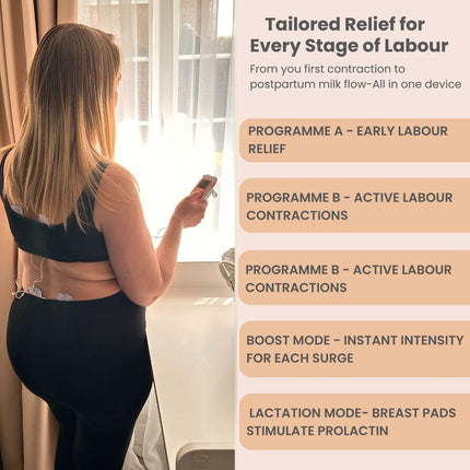 TensCare Perfect Mama+ TENS device provides pain relief during labor and relieves back pain during pregnancy. It provides information on contraction timing and the duration of labor.