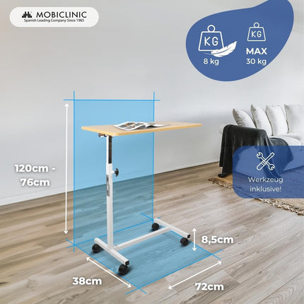 Mobiclinic, Bed or sofa side table for adults and disabled people, With wheels, Lightweight, Portable, Height-adjustable, Adjustable, Coffee table