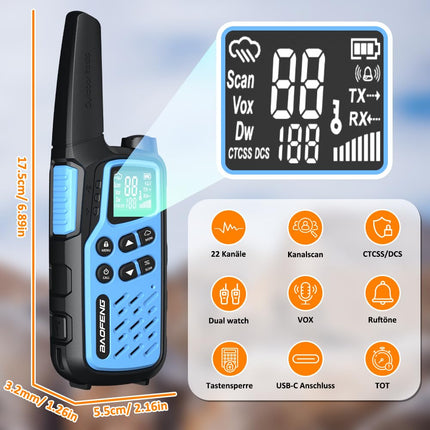 BAOFENG T25 PMR446 Radios License-Free 16 Channels CTCSS/DCS Dual Watch VOX Rechargeable Walkie Talkies with 1400mAh Battery for Adults and Kids for Adventure Hiking Cycling (2 PCS)