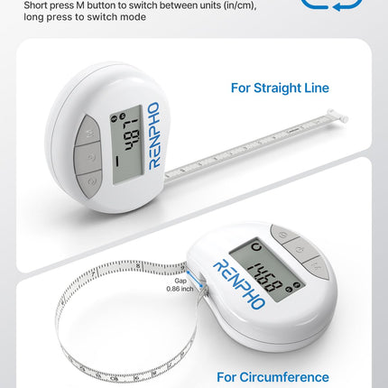 RENPHO Body Measuring Tape Smart Body Measuring Tape, Bluetooth Body Measuring Tape for measuring the body circumference of biceps, chest, hips, calves, thighs and neck, Sewing Tape Measure in CM or inches, 150CM