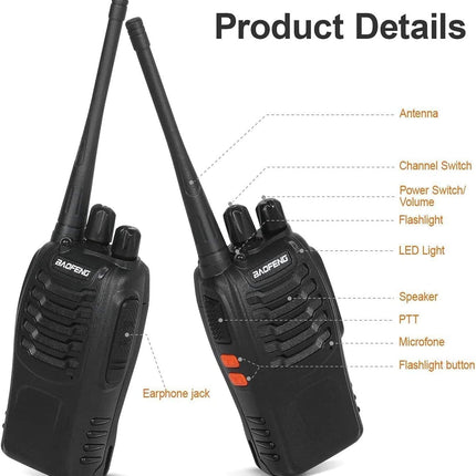 Walkie Talkie 16 Channels CTCSS/DCS FM, 1500 mAh Battery, Max. Talk Range 5 km, Professional Radio with Hands-Free Function