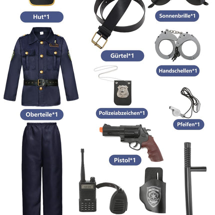 Fover Police Costume Kids Boys 12pcs Police Equipment Police Batons Police Signals Police Hat Shirt Walkie Talkies Police Toy Set Halloween Carnival Birthday Police Costume FR010XL