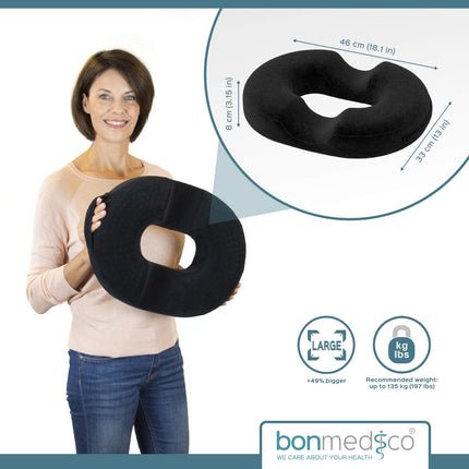 bonmedico orthopedic seat cushion - office chair, car, wheelchair seat ring - cooling gel layer - comfortable hemorrhoid & coccyx cushion - secret Santa gift - wellness black large