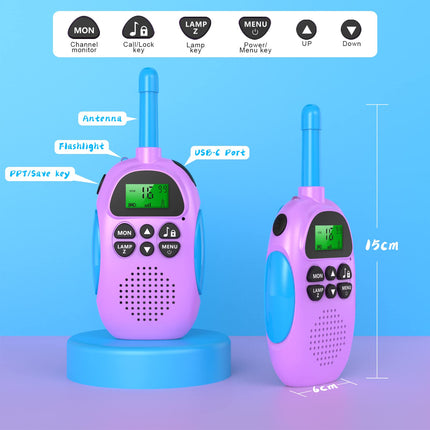 Ushining Walkie Talkie for Kids, Rechargeable Walkie Talkie with 16 Channels VOX Radio, Backlit LCD Flashlight, 3 KM Range for Outdoor Adventures, Camping, Hiking, Purple