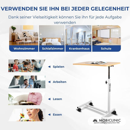 Mobiclinic, Bed or sofa side table for adults and disabled people, With wheels, Lightweight, Portable, Height-adjustable, Adjustable, Coffee table