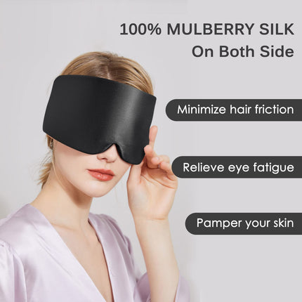 OLESILK 100% Mulberry Silk Sleep Mask Eye Mask with Adjustable Headband for Men and Women, Large Sleep Mask and Blindfold for Nighttime Sleep, Travel and Naps, Black