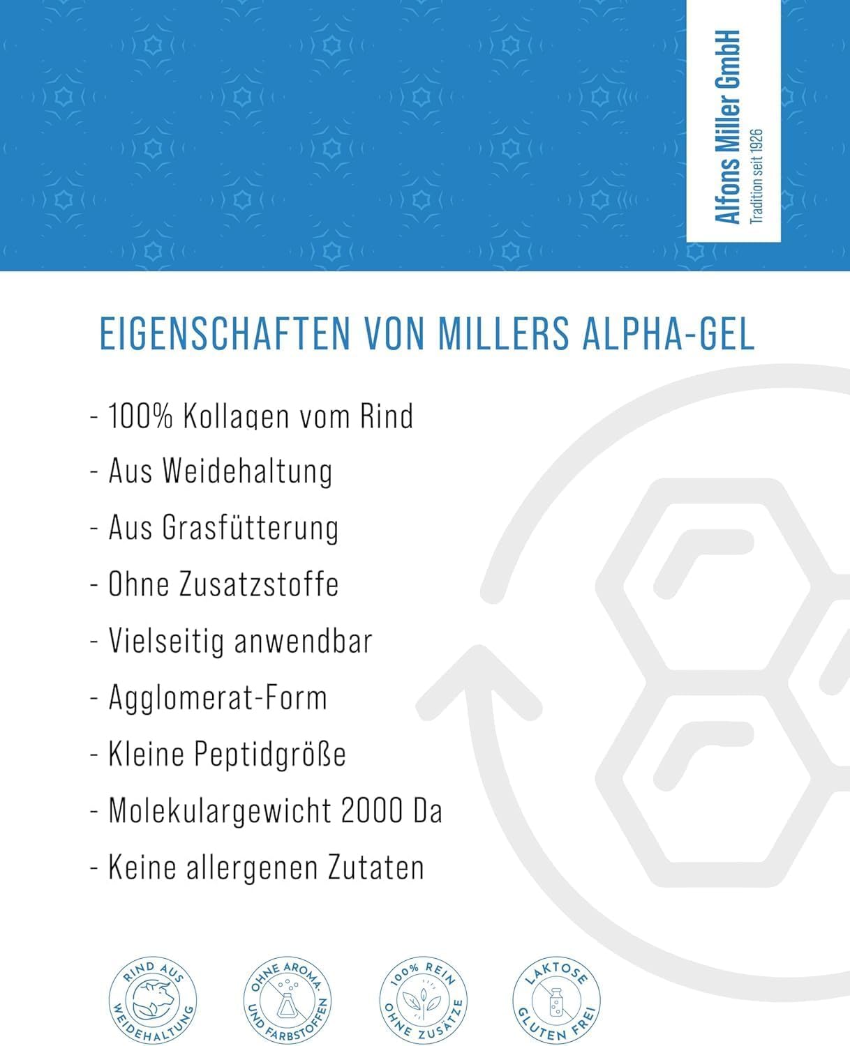100% reines Kollagen Pulver – Kollagen Peptide – Collagen Protein – Millers Alpha-Gel 1000 g – Ohne Zusatzstoffe – Geschmacksneutral – Collagen Pulver in Deutschland hergestellt