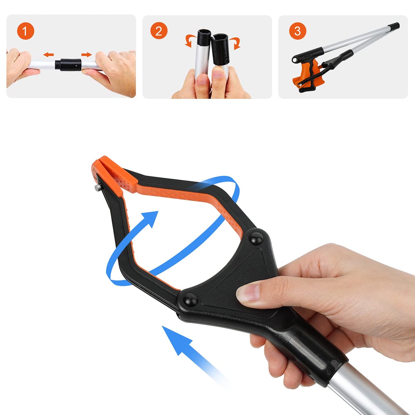 ZOJI Greifzange,82cm Greifer Lang für Senioren,Faltbar Müllzange,Aluminium Müllgreifer,230g Leicht Müll Zange,mit Drehbarem Magnet Handgreifer,Greifarm für Müll,orange