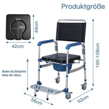 Bimiti toilet chair with castors up to 150 kg shower wheelchair Waterproof toilet chair mobile nursing chair for seniors, sick, disabled and pregnant women