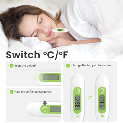 Digital Thermometer, Rectal, Oral, Armpit Thermometer, Fever Thermometer for Baby, Children, Adults, Accurate and Fast Readings, Waterproof Probe, Green