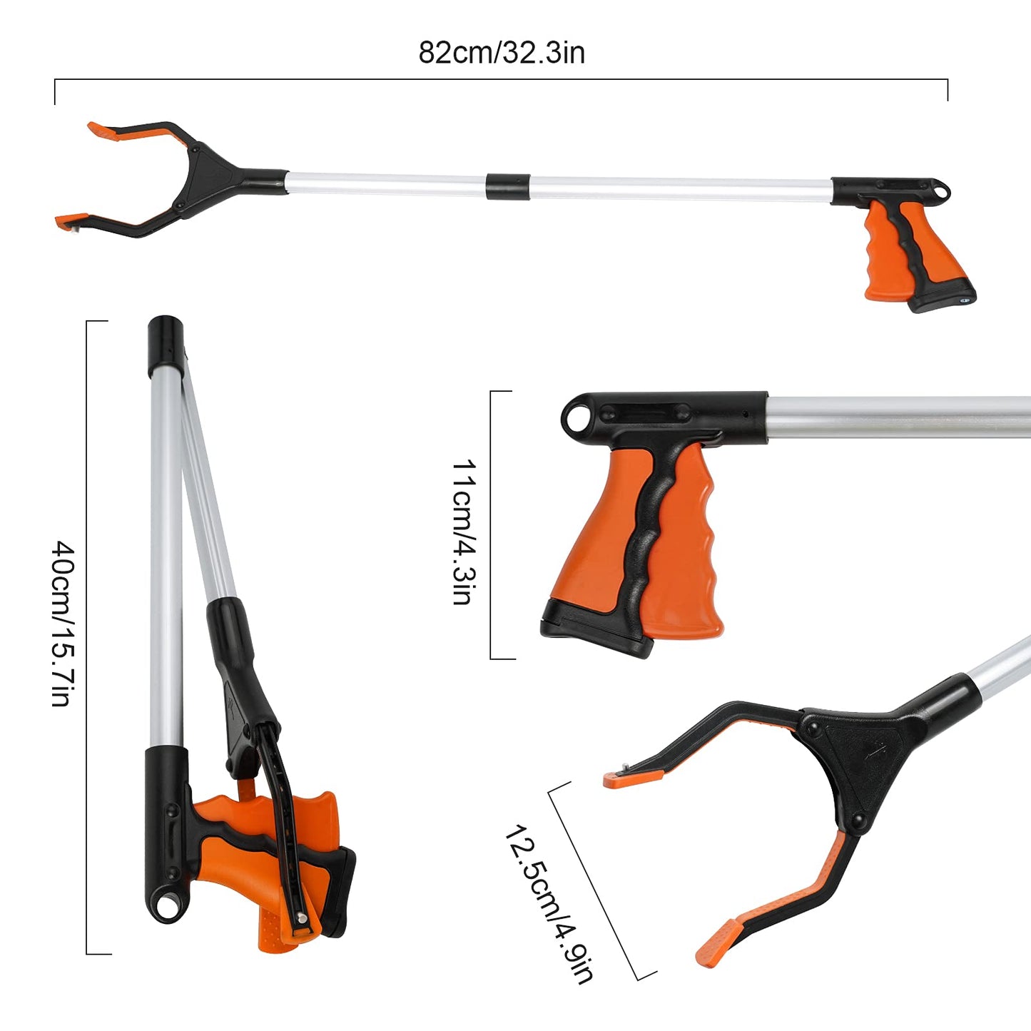 ZOJI Greifzange,82cm Greifer Lang für Senioren,Faltbar Müllzange,Aluminium Müllgreifer,230g Leicht Müll Zange,mit Drehbarem Magnet Handgreifer,Greifarm für Müll,orange