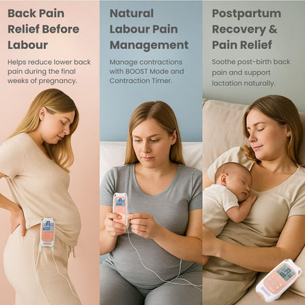 TensCare Perfect Mama+ TENS device provides pain relief during labor and relieves back pain during pregnancy. It provides information on contraction timing and the duration of labor.
