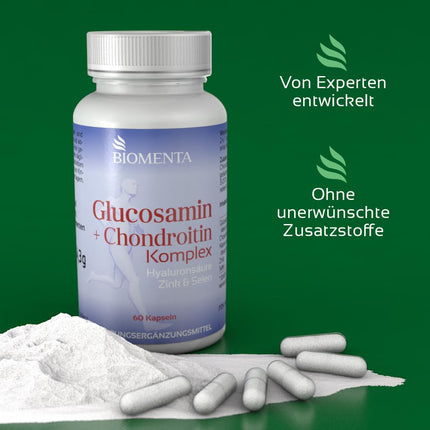 BIOMENTA Glucosamine + Chondroitin Complex - 60 allergen-free high-dose capsules with glucosamine sulfate, high-dose chondroitin sulfate + hyaluronic acid, zinc, selenium - premium quality