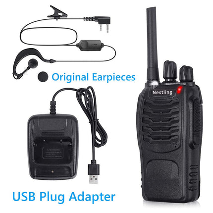 Nestling radio set, walkie talkie 16 channels in both directions, handheld radio with built-in LED flashlight with USB connection and headset (set of 2)