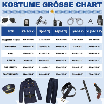 Fover Police Costume Kids Boys 12pcs Police Equipment Police Batons Police Signals Police Hat Shirt Walkie Talkies Police Toy Set Halloween Carnival Birthday Police Costume FR010XL