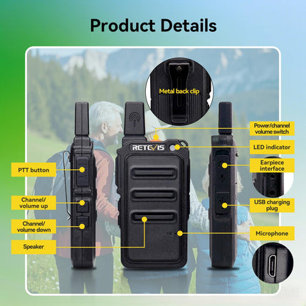 Retevis RT619 Walkie Talkie, PMR446 Rechargeable 2-Way Radio USB 1300mAh Battery, VOX License-Free, Mini Walkie Talkies Professional for Family, Camping (2 Pack, Black)