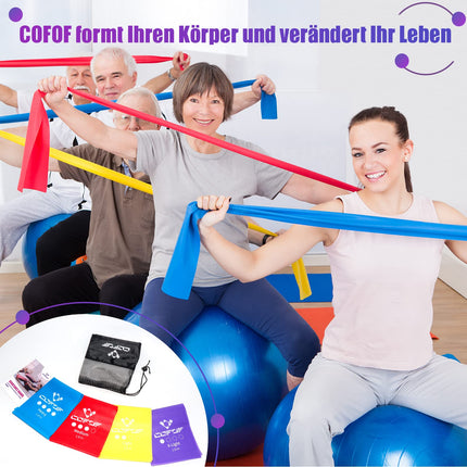 COFOF Fitness Bands Set of 4, 1.8M Exercise Band with 4 Resistance Levels, Fitness Band with Carrying Bag & Exercise Instructions Supplied Ideal for Yoga, Pilates, Strength Training, Physiotherapy