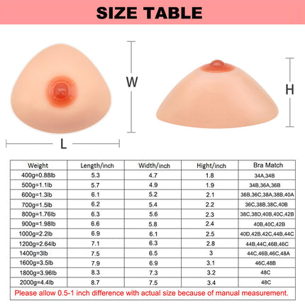 FESVINA Silicone Breast Forms False Breasts Triangle Breast Prostheses Crossdresser Cosplay Transgender Mastectomy Fake Boobs, B Cup 600g/Pair