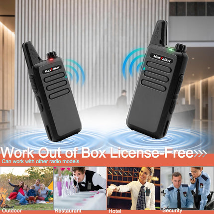 MaxTalker MT1 Walkie Talkie Rechargeable for Adults and Children, VOX Walkie Talkie with 1200mAh Li-ion Battery, USB Charger and Headset Walkie Talkies for Outdoors, Camping, Hiking, Set of 4