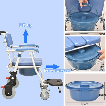 Foldable toilet chair for seniors, shower chair with wheels and toilet, for sick, elderly, disabled and pregnant women, load capacity up to 150 kg