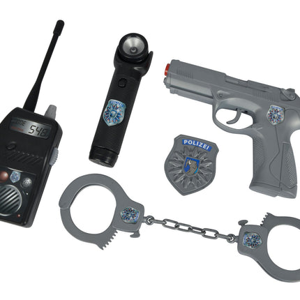 Simba 108108525 - Police Equipment in a Case, Carrying Case with Pistol, Handcuffs, Walkie-Talkie, Badge, Flashlight, 28x25x5cm, from 3 years, Grey