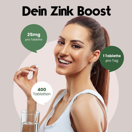 Zinc tablets high-dose 25mg - 400 tablets high-dose with zinc bisglycinate - Vegan and produced in Germany - Laboratory-tested