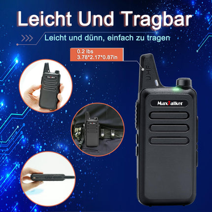 MaxTalker MT1 Walkie Talkie Rechargeable for Adults and Children, VOX Walkie Talkie with 1200mAh Li-ion Battery, USB Charger and Headset Walkie Talkies for Outdoors, Camping, Hiking, Set of 4