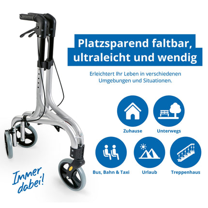 Weinberger aluminum rollator with 3 wheels, foldable, with removable bag, slim, lightweight and maneuverable, stable, only 4.2 kg, color: silver, model: 02217