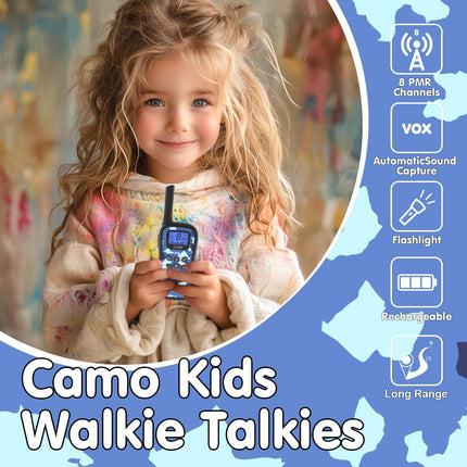 QUOLIX WalkieTalkie Kids, Rechargeable with 24h Talk Time, 3km Range, 8 Channels & 99 Codes, LED Flashlight, Camouflage Design Walkie Talkies for Outdoor, Camping, Hiking (4 Colors)