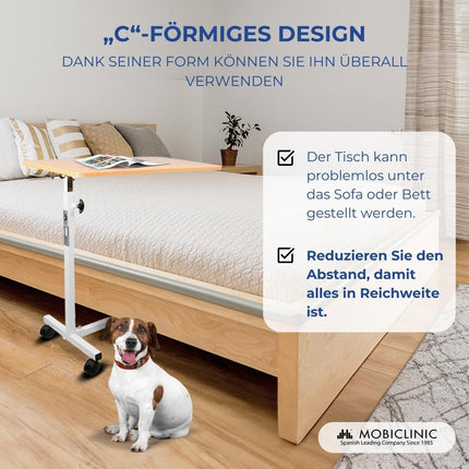 Mobiclinic, Bed or sofa side table for adults and disabled people, With wheels, Lightweight, Portable, Height-adjustable, Adjustable, Coffee table