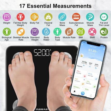 INSMART digital personal scales, personal scales with Bluetooth, body fat scales for BMI, weight, body fat, heart rate, muscle mass, water, protein, skeletal muscle, bone weight, BMR, etc.