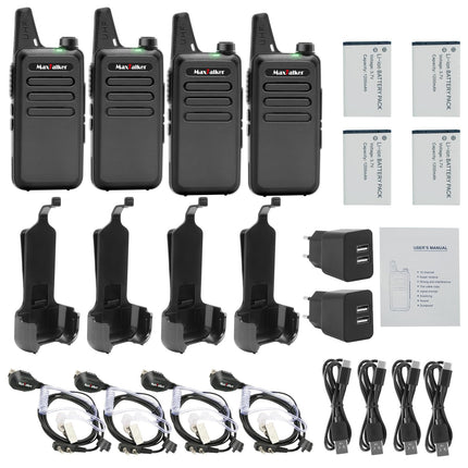 MaxTalker MT1 Walkie Talkie Rechargeable for Adults and Children, VOX Walkie Talkie with 1200mAh Li-ion Battery, USB Charger and Headset Walkie Talkies for Outdoors, Camping, Hiking, Set of 4